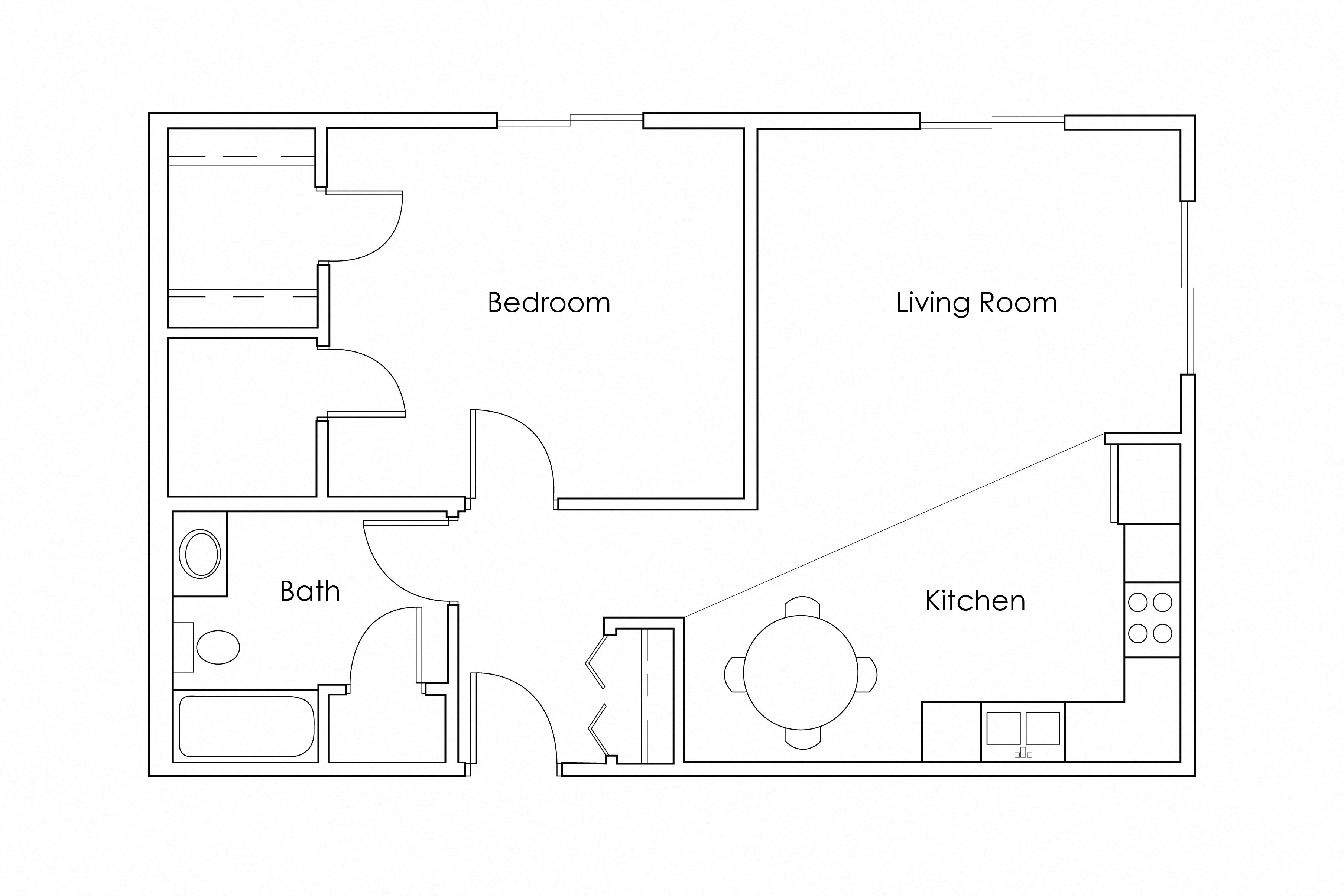 Floor plan for 1 bed, 1 bath, 789 sqft